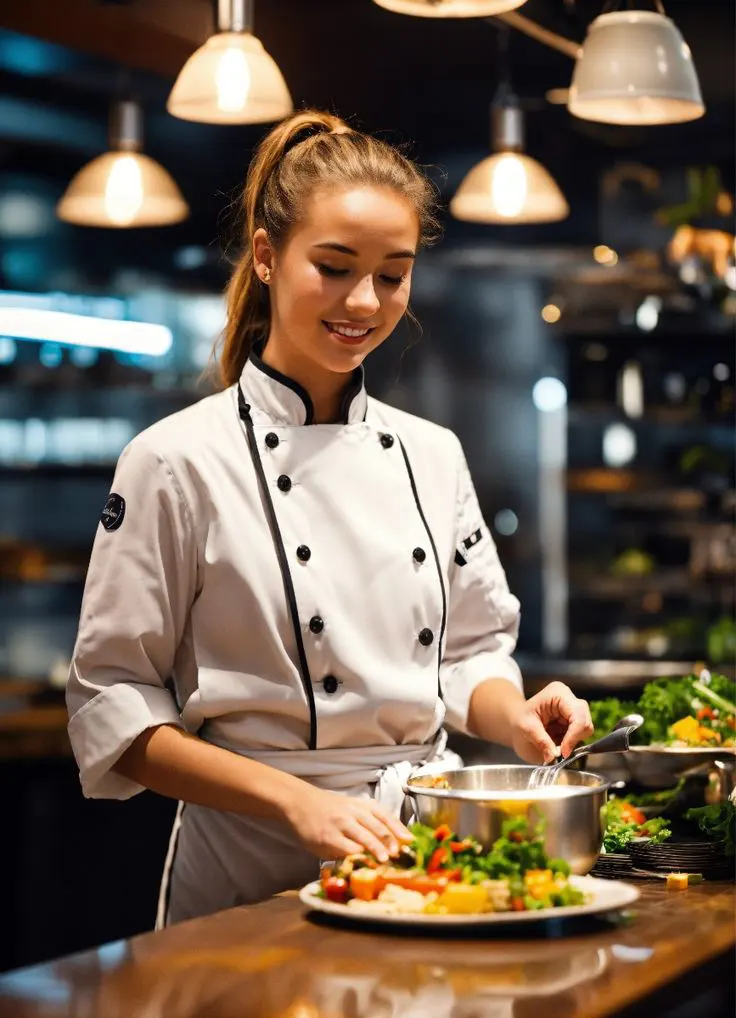 Alice Zubrowski, Cheffe de cuisine en pleine préparation de produits frais dans les cuisines du restaurant gastronomique La Cigogne Itinérante de Kaysersberg.