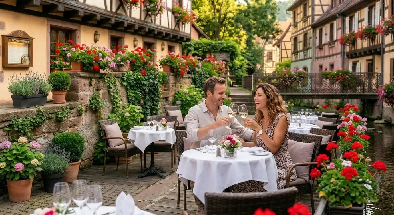 Profitez d'une expérience gastronomique unique sur la terrasse paisible du restaurant La Cigogne Itinérante, nichée au bord de la rivière à Kaysersberg.