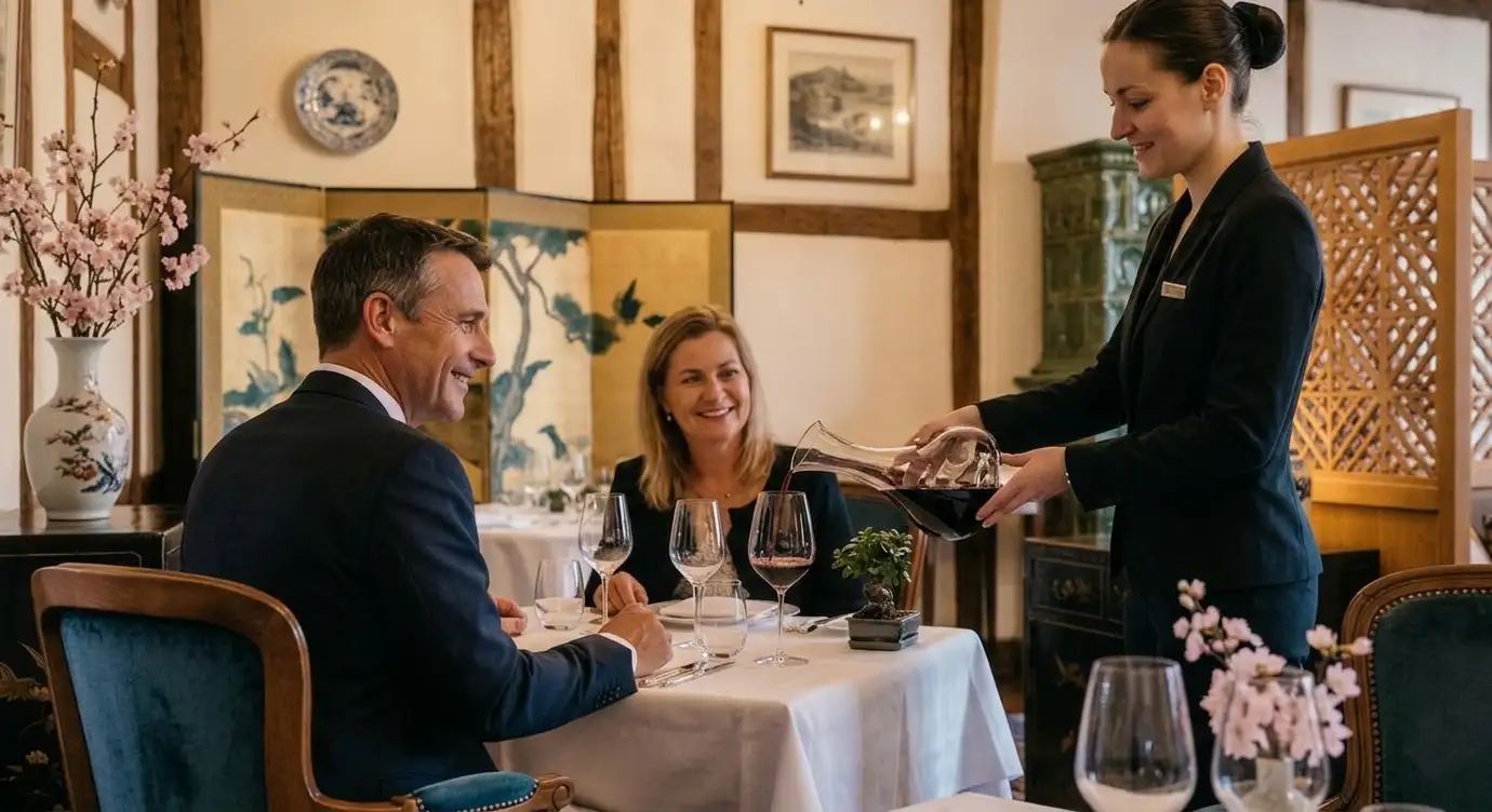 Une sommelière en plein service de vin pour un couple dans le cadre élégant et gastronomique du restaurant La Cigogne Itinérante à Kaysersberg.