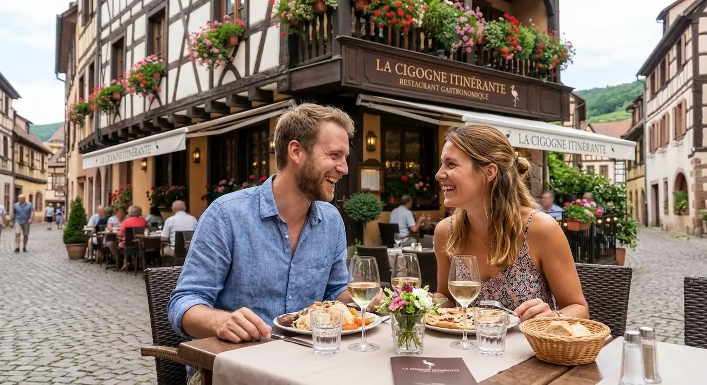 Un couple profite d'un déjeuner ensoleillé devant la façade à colombages du restaurant La Cigogne Itinérante, une adresse gastronomique incontournable de Kaysersberg.