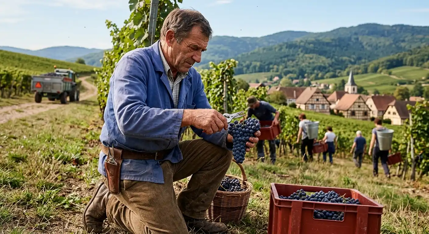 Travail de la vigne pour fournir les meilleurs vins à la cave du restaurant La Cigogne Itinérante, une référence gastronomique à Kaysersberg.
